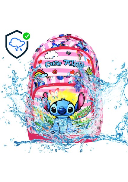 Stitch Pembe Karakterli Üçlü Kız Çocuk Ilkokul Okul Çantası Stiç (Çanta Termal Beslenme Kalemlik)
