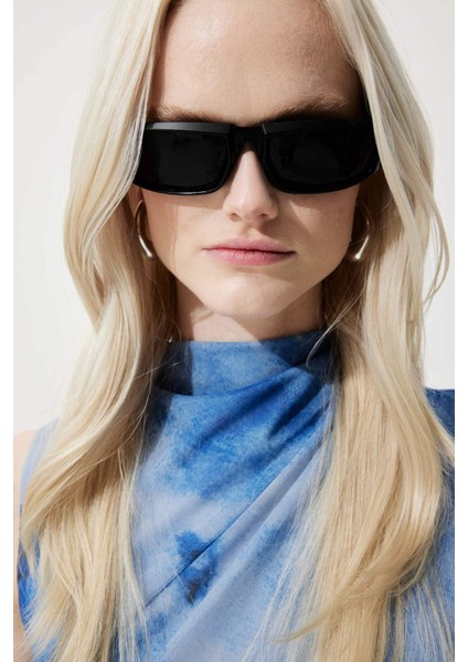 Kadın Oval Siyah Plastik Çerçeve Siyah Cam UV Güneş Gözlüğü F0598AXNS