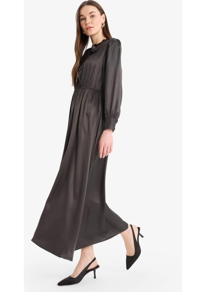 Regular Fit Fiyonk Yaka Saten Uzun Kollu Midi Elbise F0819AX25SP fiyatları