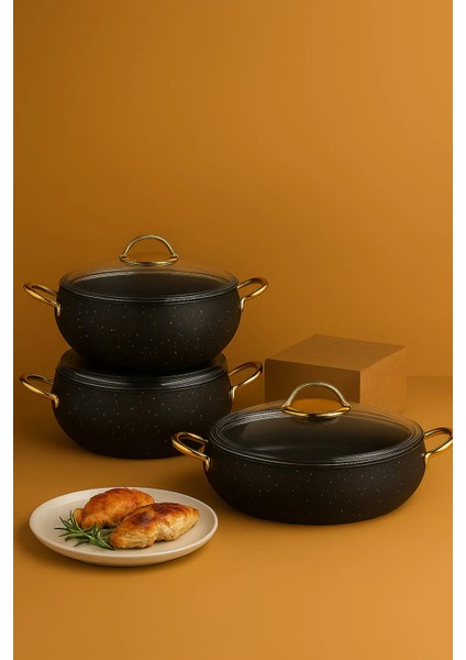 Granit 6 Parça Tencere Set 2.5 Litre x 5.5 Litre x 7.5 Litre Yanmaz Yapışmaz Taban