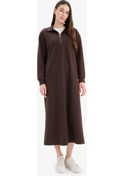 Loose Fit Fermuarlı Polo Yaka Selanik Kumaş Basic Düz Uzun Kollu Midi Elbise F1640AX25SP