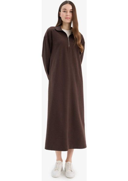 Loose Fit Fermuarlı Polo Yaka Selanik Kumaş Basic Düz Uzun Kollu Midi Elbise F1640AX25SP
