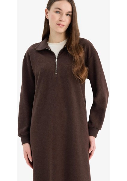 Loose Fit Fermuarlı Polo Yaka Selanik Kumaş Basic Düz Uzun Kollu Midi Elbise F1640AX25SP