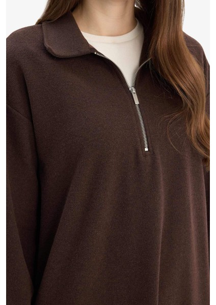 Loose Fit Fermuarlı Polo Yaka Selanik Kumaş Basic Düz Uzun Kollu Midi Elbise F1640AX25SP