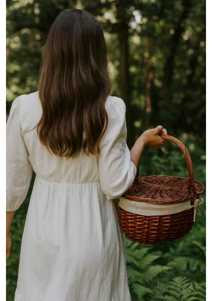 Krem Kumaş Detaylı Hasır Piknik Sepeti 40X30X19 cm – Kapaklı Termoform Sepet fiyatları