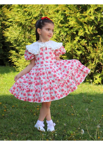 Gelincik Çıkarılabilir Yaka Pamuk Keten Kız Ç0cuk Elbise