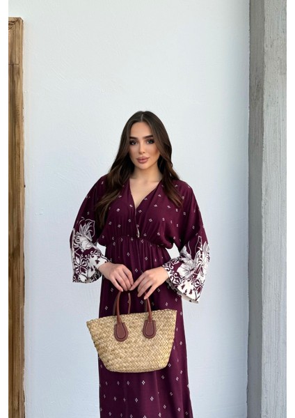 Uzun Kollu Etek Desenli Uzun Kadın Elbise