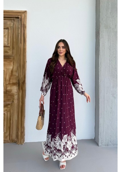 Uzun Kollu Etek Desenli Uzun Kadın Elbise modelleri