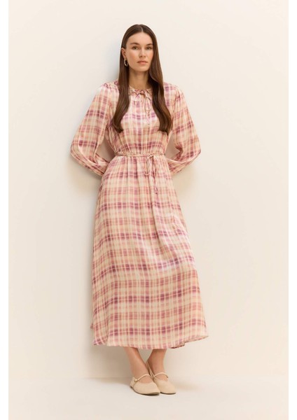 Regular Fit Gömlek Yaka Desenli Saten Uzun Kollu Maxi Elbise F2725AX25SM