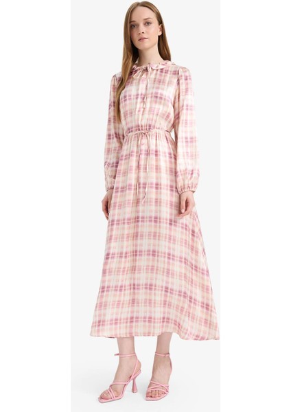 Regular Fit Gömlek Yaka Desenli Saten Uzun Kollu Maxi Elbise F2725AX25SM