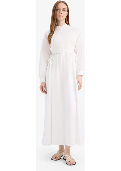Relax Fit Bisiklet Yaka Kuşaklı Poplin Uzun Kollu Maxi Tesettür Elbise F1382AX25SM fiyatları
