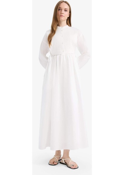 Relax Fit Bisiklet Yaka Kuşaklı Poplin Uzun Kollu Maxi Tesettür Elbise F1382AX25SM fırsatları