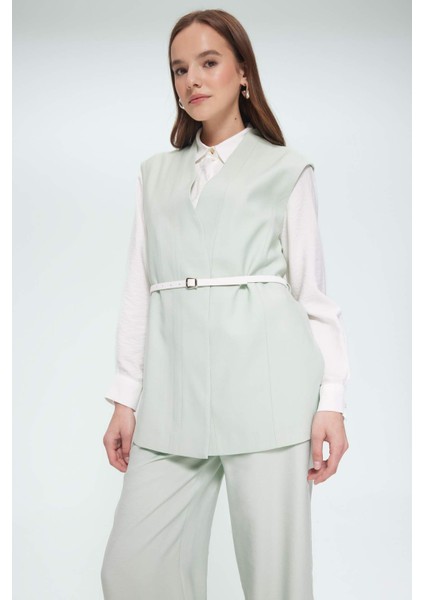 V Yaka Kemerli Twill Tesettür Klasik Yelek F1371AX25SM