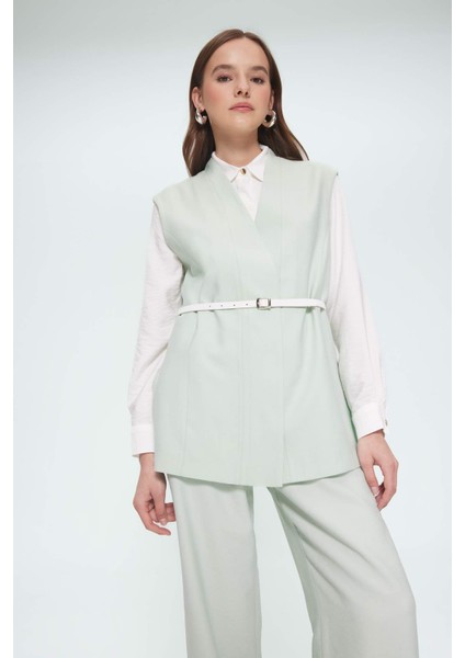 V Yaka Kemerli Twill Tesettür Klasik Yelek F1371AX25SM modelleri