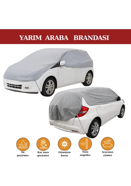 Gri Yarım Araba Brandası, Su Geçirmez, Güneşten Korur, Toz ve Kir Önleyici, Buzlanma Önleyici