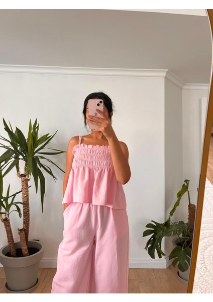 Pembe Gipeli Bluz Pantolon Takım