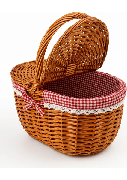 Kırmızı Ekoseli Kapaklı Piknik Sepeti 40X30X19 cm – Hasır Görünümlü Termoform Sepet