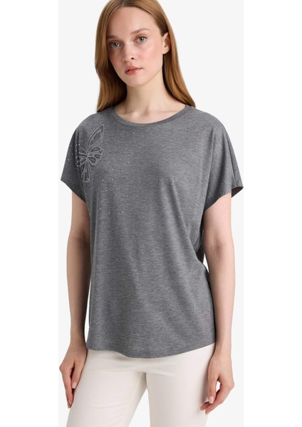 Bisiklet Yaka Taş Baskılı Kısa Kollu Tişört E9333AX25SM modelleri