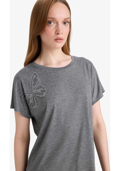 Bisiklet Yaka Taş Baskılı Kısa Kollu Tişört E9333AX25SM fırsatları