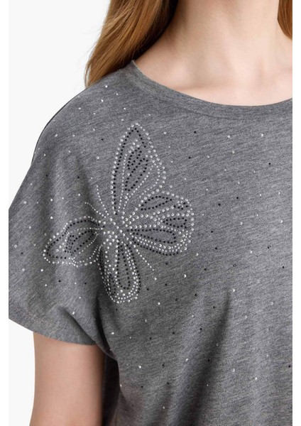 Bisiklet Yaka Taş Baskılı Kısa Kollu Tişört E9333AX25SM indirimleri