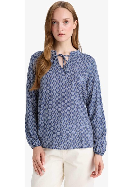 Regular Fit Bağcıklı Yaka Desenli Uzun Kollu Bluz N1809AZ25SP