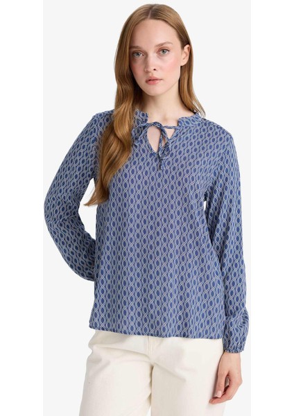 Regular Fit Bağcıklı Yaka Desenli Uzun Kollu Bluz N1809AZ25SP fırsatları