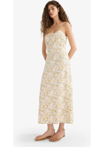 Çiçekli Keten Karışımlı Askılı Midi Elbise F4098AX25SM modelleri