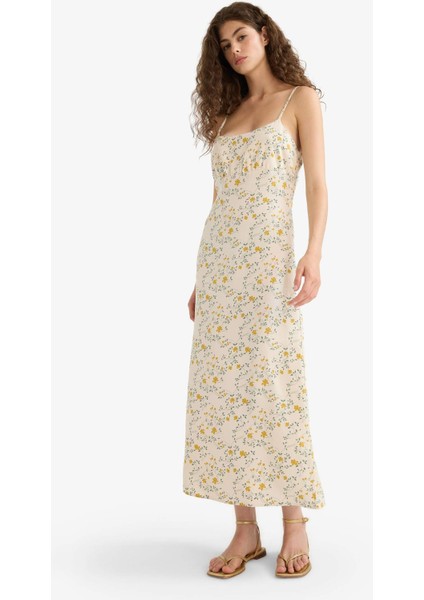 Çiçekli Keten Karışımlı Askılı Midi Elbise F4098AX25SM fırsatları