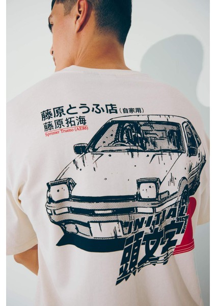 %100 Pamuk Initial D Boxy Fit Bisiklet Yaka Kısa Kollu Tişört F4231AX25SM