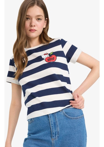 Coool Hello Kitty Çizgili Bisiklet Yaka Kısa Kollu Tişört F4565AX25SM