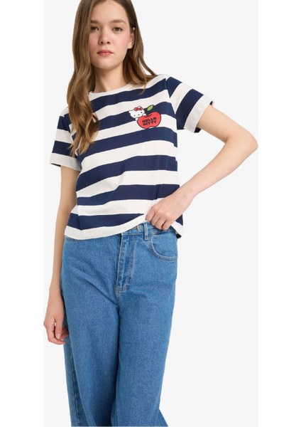 Coool Hello Kitty Çizgili Bisiklet Yaka Kısa Kollu Tişört F4565AX25SM