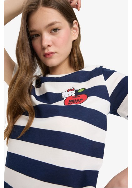 Coool Hello Kitty Çizgili Bisiklet Yaka Kısa Kollu Tişört F4565AX25SM