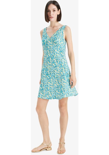 V Yaka Çiçekli Maroken Kolsuz Mini Elbise