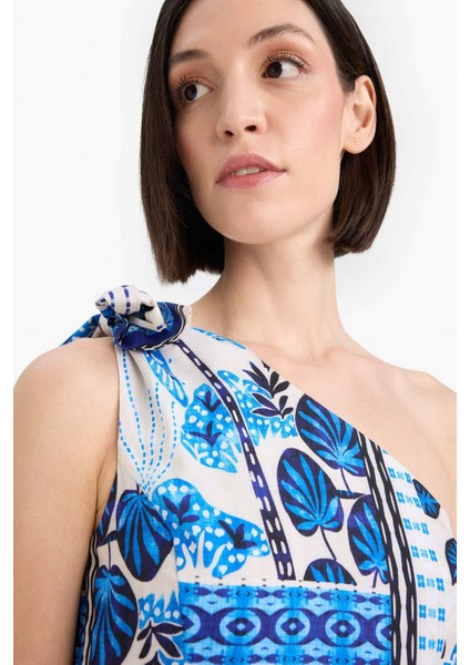 Regular Fit Tropikal Desenli Tek Omuzlu Poplin Plaj Elbisesi-Fall in Love F6296AX25HS fırsatları