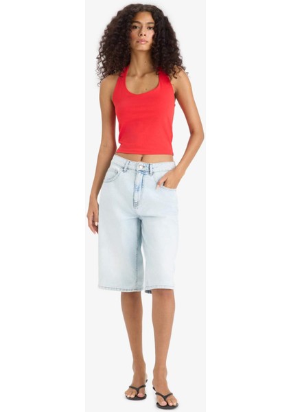 Slim Fit Dar Kesim Crop Halter Yaka Kırmızı Bluz F6279AX25SM indirimleri