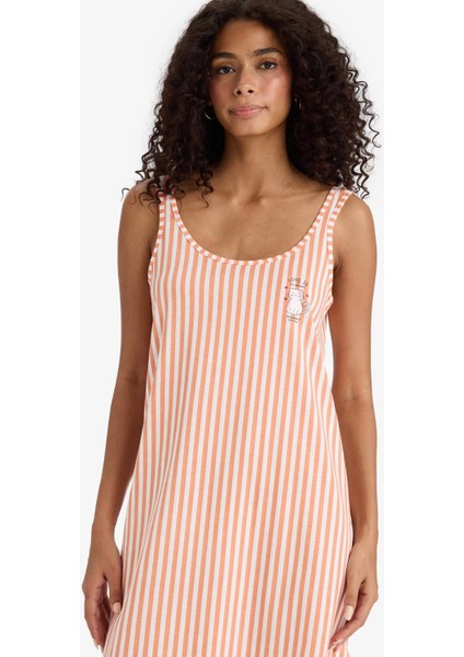 Regular Fit U Yaka Askılı Çizgili Gecelik-Fall in Love F6077AX25HS