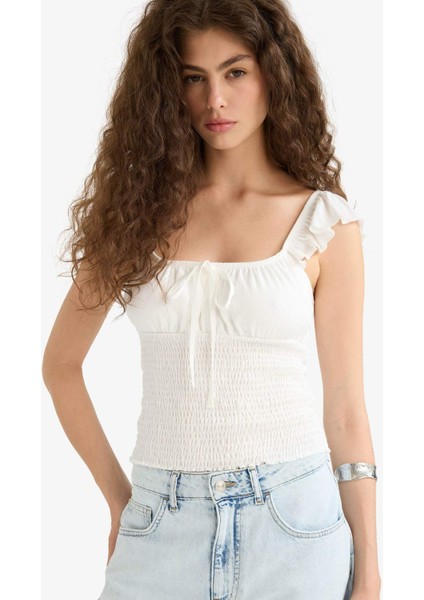 Fitted V Yaka Crop Dokulu Beyaz Askılı Bluz F6392AX25HS