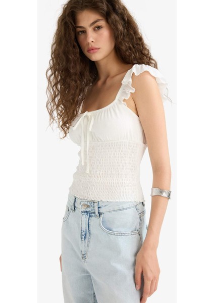 Fitted V Yaka Crop Dokulu Beyaz Askılı Bluz F6392AX25HS modelleri