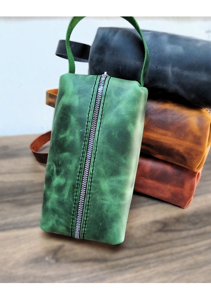 El Yapımı Hakiki Deri Dopp Kit El Çanta