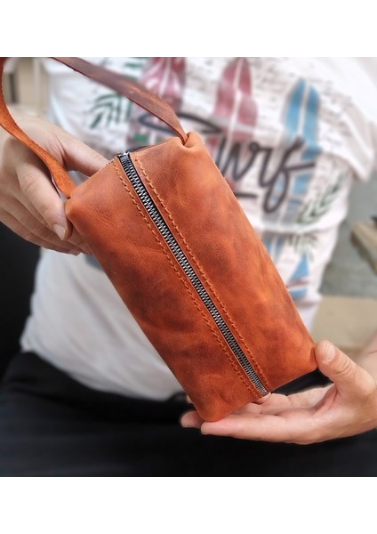 El Yapımı Hakiki Deri Dopp Kit El Çanta