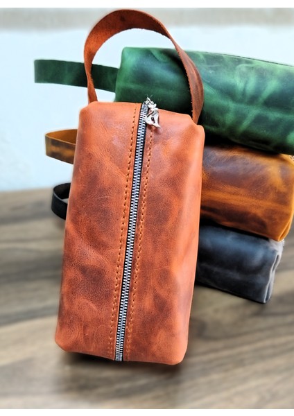 El Yapımı Hakiki Deri Dopp Kit El Çanta