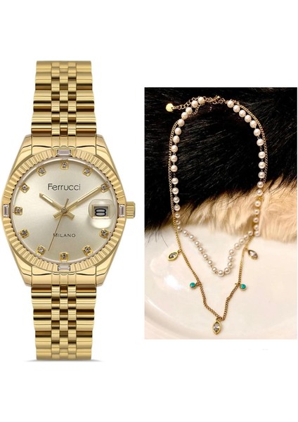 Zirkon Taşlı Takvimli Kadın Kol Saati+Çelik Kolye Hediye Seti