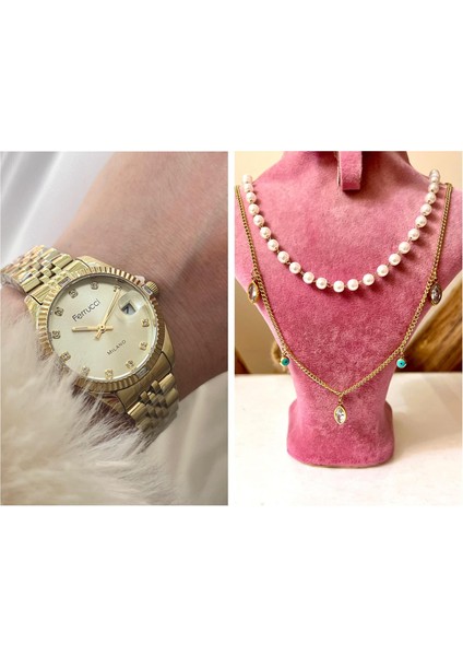 Zirkon Taşlı Takvimli Kadın Kol Saati+Çelik Kolye Hediye Seti fiyatları
