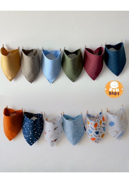 %100 Organik Pamuk Çift Katlı Müslin Kumaş İki Çıtçıtlı Bebek Salya Önlük & Fular ( 12'li Erkek Kombin )