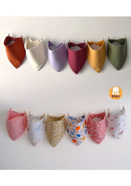 %100 Organik Pamuk Çift Katlı Müslin Kumaş İki Çıtçıtlı Bebek Salya Önlük & Fular ( 12'li Kız Kombin )