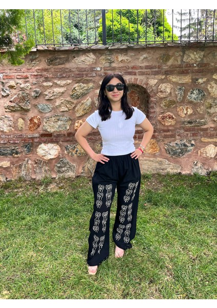 Siyah Geniş Paça Pantolon - Etnik Desenli – Yazlık Salaş Model
