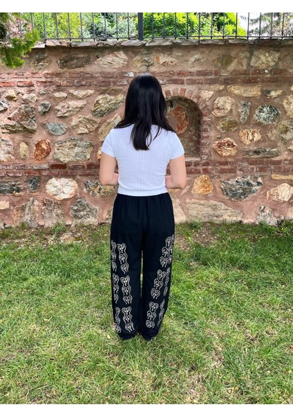 Siyah Geniş Paça Pantolon - Etnik Desenli – Yazlık Salaş Model