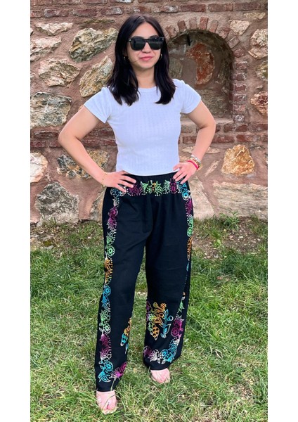 Siyah Geniş Paça Pantolon - Etnik Desenli – Yazlık Salaş Model