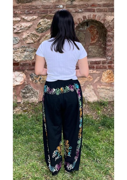 Siyah Geniş Paça Pantolon - Etnik Desenli – Yazlık Salaş Model