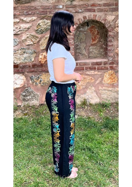 Siyah Geniş Paça Pantolon - Etnik Desenli – Yazlık Salaş Model